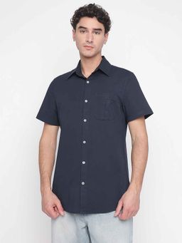 Guess - Smart Blue Solid Spread Collar Short Sleeves Casual Shirt