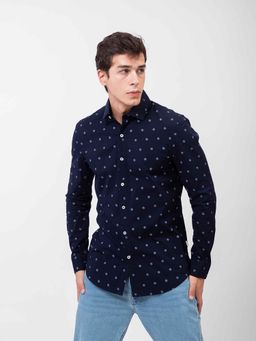 Guess - Navy Blue Printed Spread Collar Full Sleeve Casual Shirt