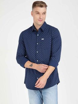Guess - Blue White Micro Aop Printed Spread Collar Full Sleeve Casual Shirt