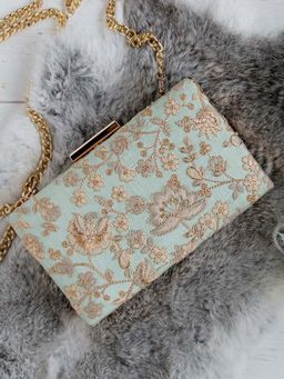 AMYRA - Leya Embroidered Clutch With Sling Mint Blue