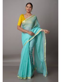 Unnati Silks - Turquoise Blue Pure Plain Kota Cotton Saree with Unstitched Blouse