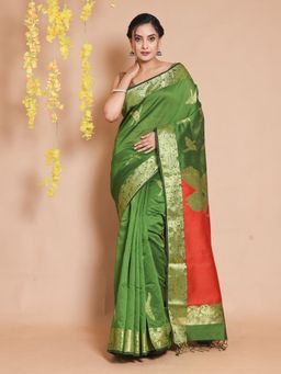 CHARUKRITI - Green Blended Cotton Handwoven Zari Woven Bird Designs Saree with Unstitched Blouse