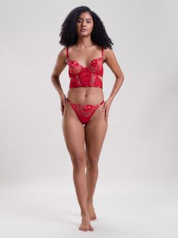 Mysthelle - Red Self Design Lace Bra and Thong