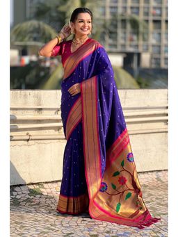 Mysilklove - Blue Zari Woven Paithani Saree With Unstitched Blouse