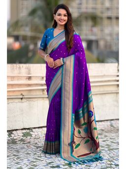 Mysilklove - Purple Zari Woven Paithani Saree With Unstitched Blouse