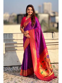 Mysilklove - Purple Zari Woven Paithani Saree With Unstitched Blouse