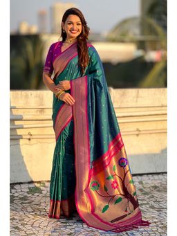 Mysilklove - Teal Zari Woven Paithani Saree With Unstitched Blouse