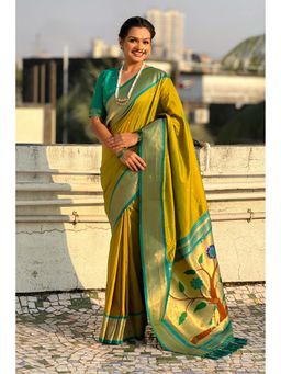 Mysilklove - Green Zari Woven Paithani Saree With Unstitched Blouse