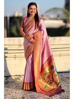 Mysilklove - Pink Zari Woven Paithani Saree With Unstitched Blouse