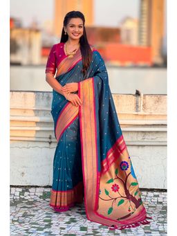 Mysilklove - Blue Zari Woven Paithani Saree With Unstitched Blouse