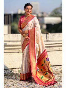 Mysilklove - White Zari Woven Paithani Saree With Unstitched Blouse