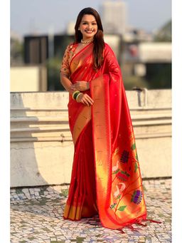 Mysilklove - Red Woven Tissue Paithani Saree With Unstitched Blouse