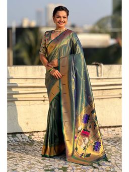 Mysilklove - Green Woven Tissue Paithani Saree With Unstitched Blouse
