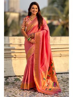Mysilklove - Pink Woven Tissue Paithani Saree With Unstitched Blouse