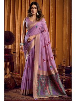 Mysilklove - Purple Woven Cotton Saree With Unstitched Blouse