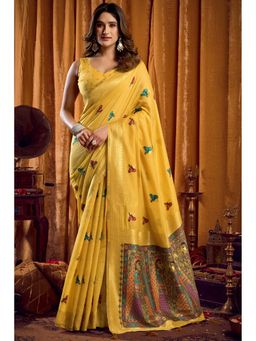 Mysilklove - Yellow Woven Cotton Saree With Unstitched Blouse