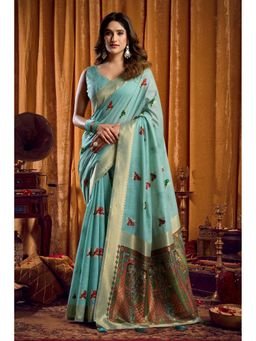 Mysilklove - Blue Woven Cotton Saree With Unstitched Blouse