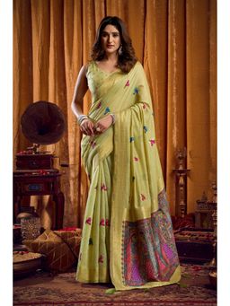 Mysilklove - Green Woven Cotton Saree With Unstitched Blouse