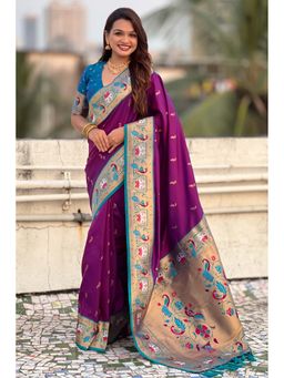 Mysilklove - Purple Zari Woven Paithani Saree With Unstitched Blouse