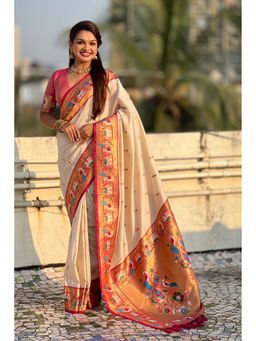 Mysilklove - Off White Zari Woven Paithani Saree With Unstitched Blouse