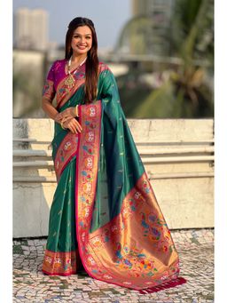 Mysilklove - Green Zari Woven Paithani Saree With Unstitched Blouse