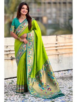 Mysilklove - Green Zari Woven Paithani Saree With Unstitched Blouse