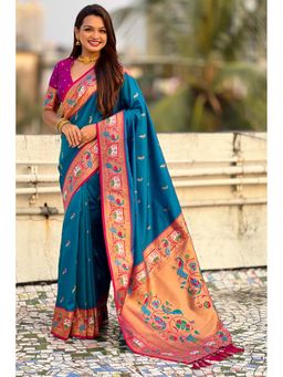 Mysilklove - Blue Zari Woven Paithani Saree With Unstitched Blouse