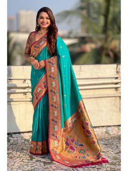 Mysilklove - Blue Zari Woven Paithani Saree With Unstitched Blouse