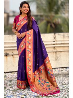 Mysilklove - Purple Zari Woven Paithani Saree With Unstitched Blouse