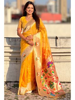 Mysilklove - Yellow Organza Woven Paithani Saree With Unstitched Blouse