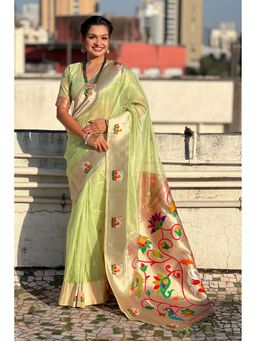 Mysilklove - Green Organza Woven Paithani Saree With Unstitched Blouse