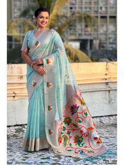 Mysilklove - Blue Organza Woven Paithani Saree With Unstitched Blouse