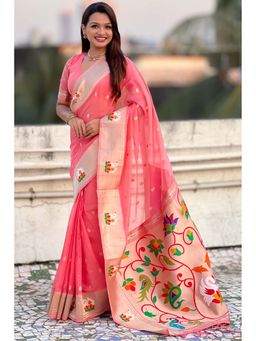 Mysilklove - Pink Organza Woven Paithani Saree With Unstitched Blouse