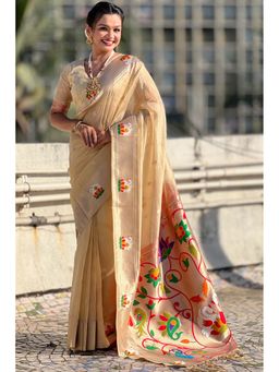 Mysilklove - Cream Organza Woven Paithani Saree With Unstitched Blouse