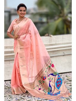 Mysilklove - Pink Organza Woven Paithani Saree With Unstitched Blouse