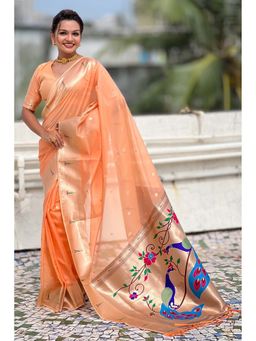 Mysilklove - Peach Organza Woven Paithani Saree With Unstitched Blouse