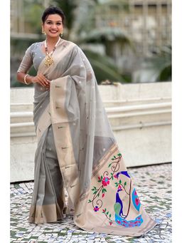 Mysilklove - Grey Organza Woven Paithani Saree With Unstitched Blouse