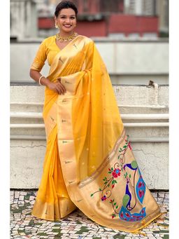 Mysilklove - Yellow Organza Woven Paithani Saree With Unstitched Blouse