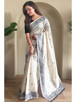Mysilklove - White Tussar Silk Saree With Unstitched Blouse