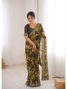 Lush Glam - Olive Floral Print Saree with Unstitched Blouse