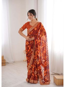 Lush Glam - Orange Floral Print Saree with Unstitched Blouse