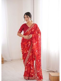 Lush Glam - Red Floral Print Saree with Unstitched Blouse