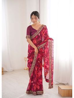 Lush Glam - Wine Floral Print Saree with Unstitched Blouse