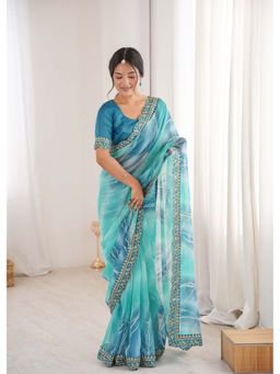 Lush Glam - Aqua Laheriya Print Saree with Unstitched Blouse