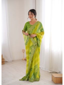 Lush Glam - Green Laheriya Print Saree with Unstitched Blouse