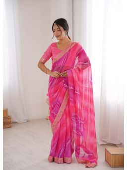 Lush Glam - Pink Laheriya Print Saree with Unstitched Blouse