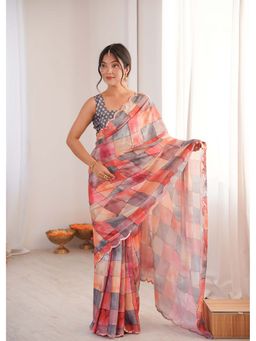 Lush Glam - Multi-Color Printed Mirror Work Saree with Unstitched Blouse