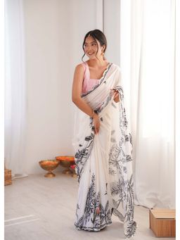 Lush Glam - White Floral Printed Mirror Work Saree with Unstitched Blouse