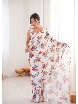 Lush Glam - White Floral Printed Mirror Work Saree with Unstitched Blouse