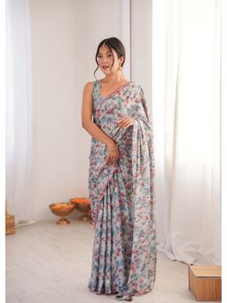 Lush Glam - Multi-Color Printed Mirror Work Saree with Unstitched Blouse